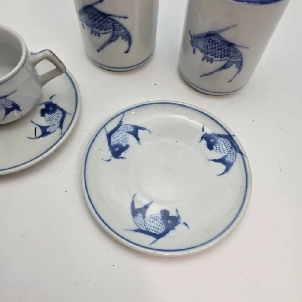 Pier 1 Blue White Koi Fish Ceramic Tea Tumblers and Espresso Cup Saucer Set